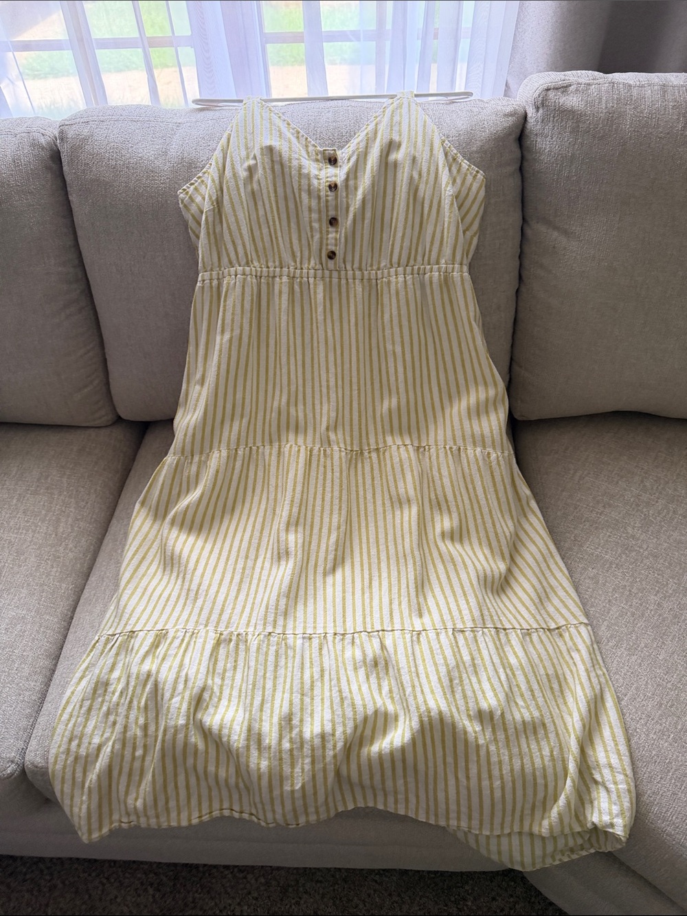 Striped Yellow & White Tiered Maxi Sundress with Buttons